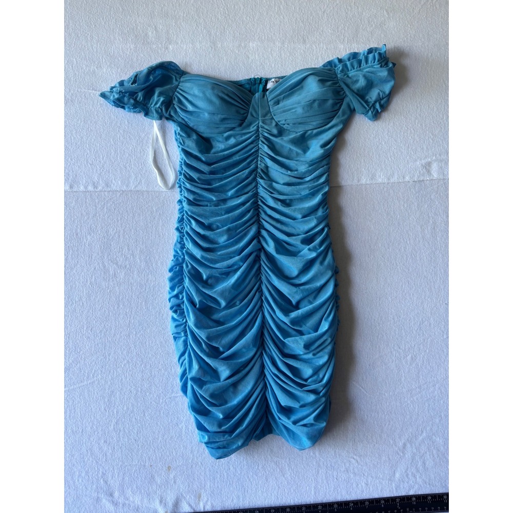 Thats So Fetch Blue Ruched Mesh Off Shoulder Bodycon Mini Dress Size 8 Womens